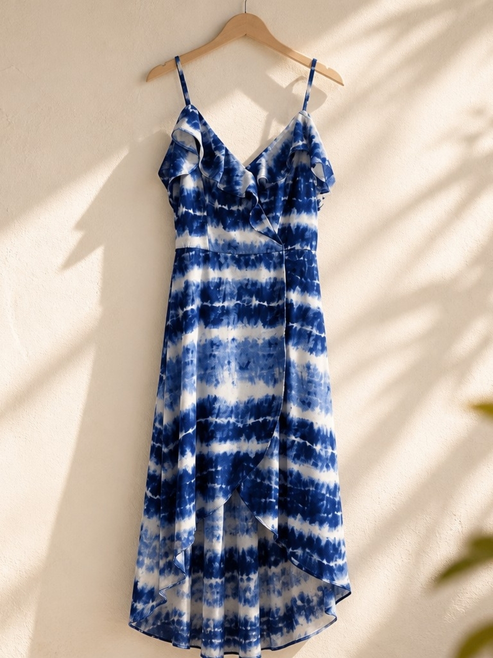 BCX Blue and White Tie-Dye Ruffle High-Low Maxi Dress